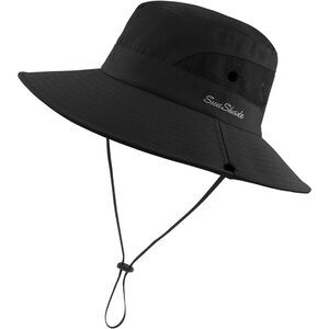 Unisex Black Soft Polyester Wide Brim Mesh Vent Chin Strap Classic Cowboy Hat